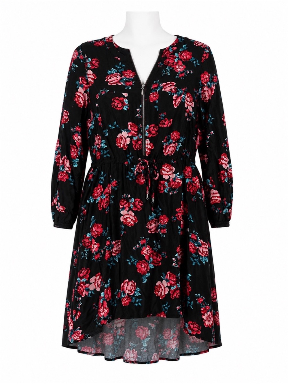 Size 1X Dex Women’s Floral Zip Front Drawstring High-Low Dress